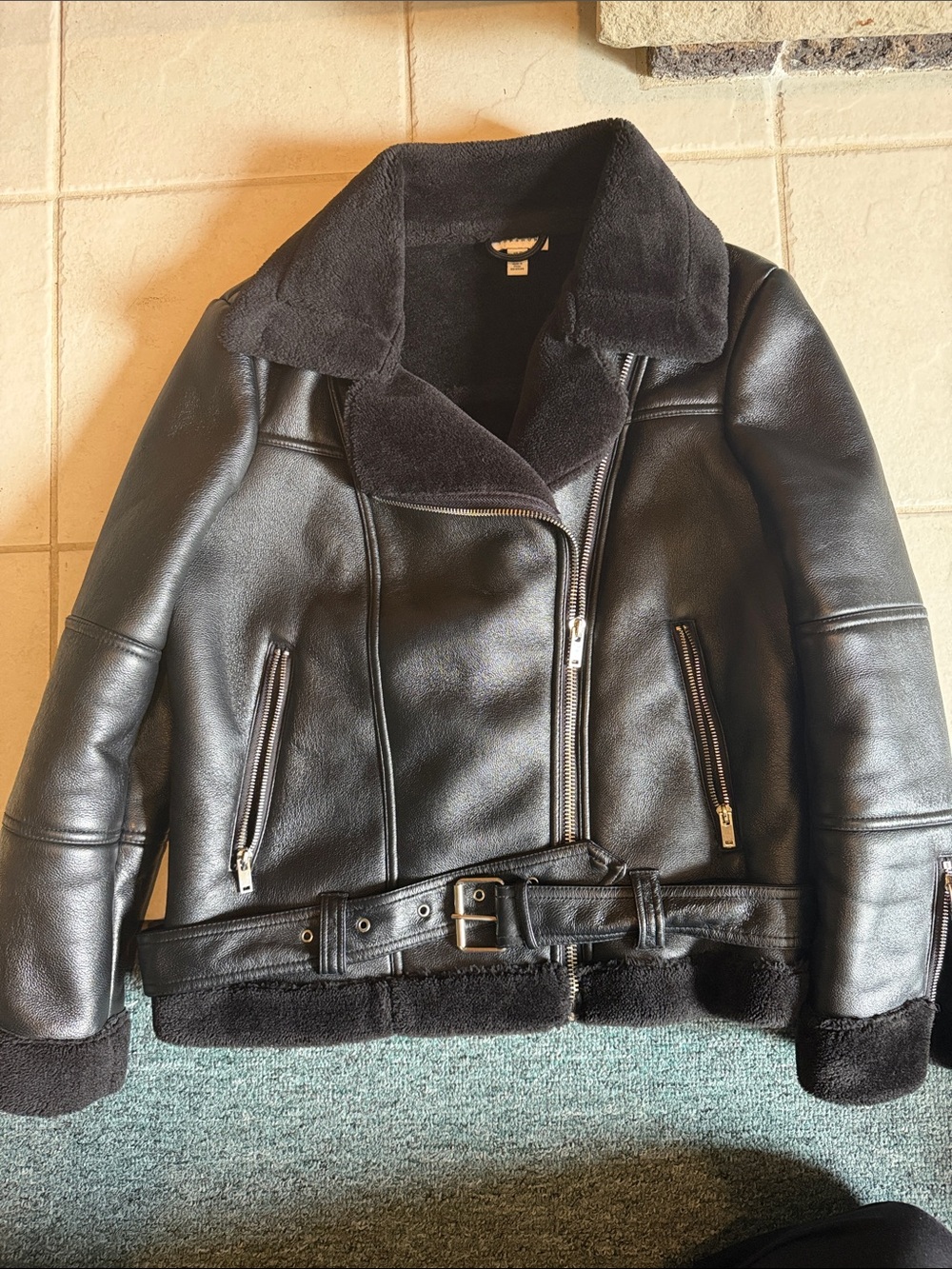 Women’s Black Faux Shearling Biker Jacket with Belt Topshop
